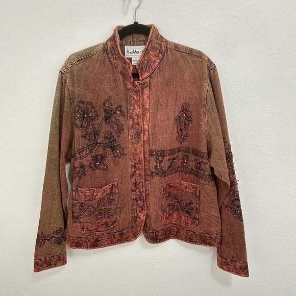 VTG Copper Embroidered Jacket Crochet Beaded Boho Whimsy Artsy Distressed Sz XL - Picture 1 of 12